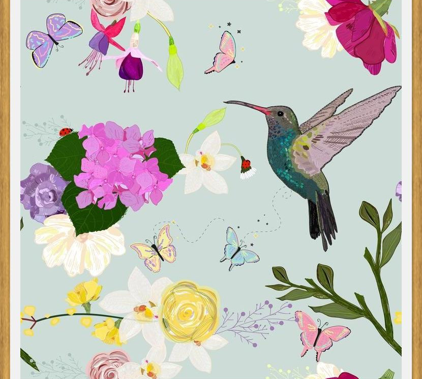 Cuadro Hummingbird and Flowers. Hydrangea, Vanilla, Fucis