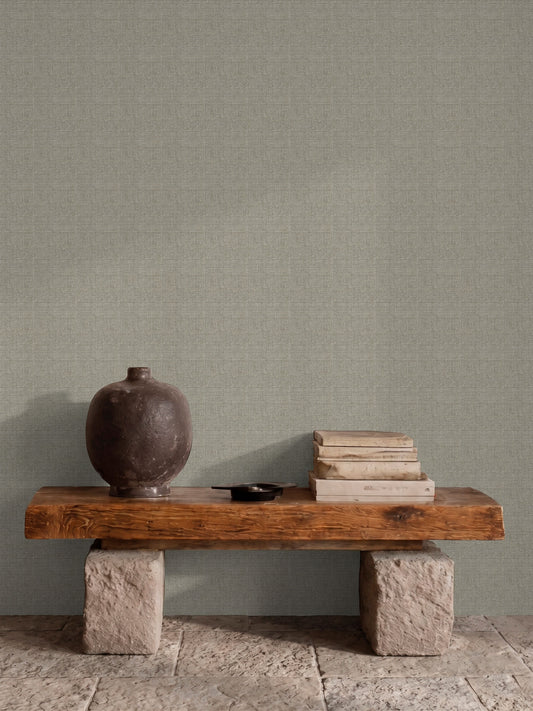Papel mural Linen, cálido diseño de trama tejida de hilos entrecruzados en gris topo y beige. Ideal para baños y cocinas.