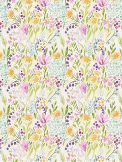 Detalle del mantel de hule BOTANICA 14: flores silvestres y hojas en acuarela en rosado, amarillo, lila y verde sobre crema