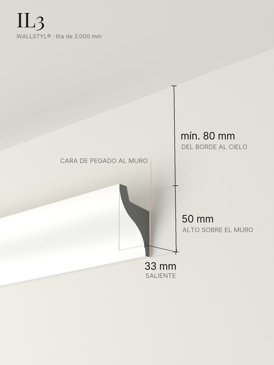 Moldura de luz indirecta IL3 instalada en el muro a 80 mm del cielo, con sus medidas: 50 mm de alto, 33 mm de saliente