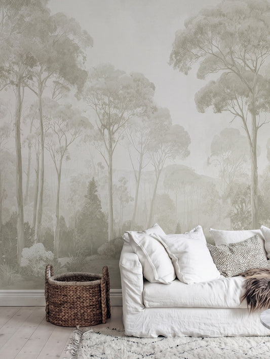Papel mural Dosel I Beige en un ambiente decorado: mural de bosque en tonos beige y verde grisáceo.