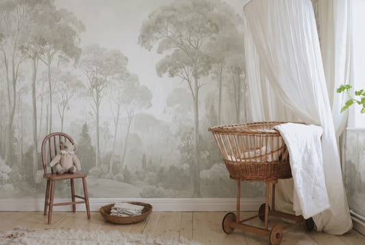 Papel mural Dosel I Beige, detalle del diseño: mural de bosque en tonos beige y verde grisáceo.