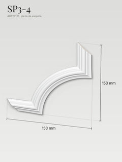Esquinero SP3-4 con sus medidas: 153 mm de ancho, 153 mm de alto y 13 mm de relieve