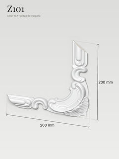 Esquinero Z101 con sus medidas: 200 mm de ancho, 200 mm de alto y 18 mm de relieve