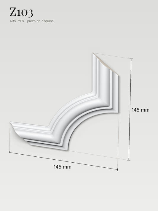 Esquinero Z103 con sus medidas: 145 mm de ancho, 145 mm de alto y 18 mm de relieve
