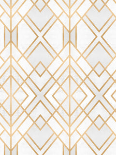 Detalle del mantel de hule Golden City: geometría art déco de rombos y líneas finas sobre fondo blanco y gris claro