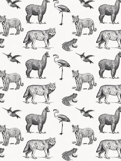 Detalle del mantel de hule Animales chilenos byn: puma, zorro, llama, flamenco, picaflor y rana en negro sobre blanco