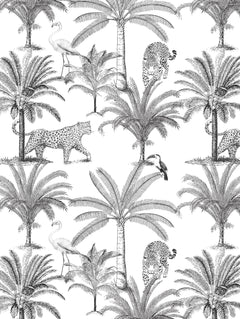 Detalle del mantel de hule Black and White Jungle: palmeras, leopardos, flamencos y un tucán estilo grabado