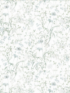 Detalle del mantel de hule Bright Meadow: flores silvestres y pastos finos en verde salvia y celeste sobre fondo blanco