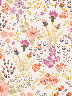 Detalle del mantel de hule Dreamed 03: flores y ramitas ilustradas en rosado, fucsia, coral y mostaza sobre crema