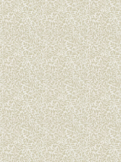 Detalle del mantel de hule Duchess: ramitas con hojas pequeñas en beige verdoso sobre fondo crema