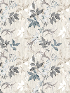 Detalle del mantel de hule Eliot: ramas con hojas en gris, azul grisáceo y blanco sobre fondo beige texturado