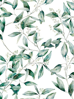 Detalle del mantel de hule Eugenia: ramas de hojas alargadas en acuarela verde con brotes finos sobre fondo blanco