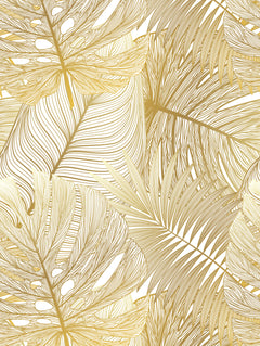 Detalle del mantel de hule Golden Monstera: hojas de monstera y palmera dibujadas en ocre y beige sobre fondo blanco