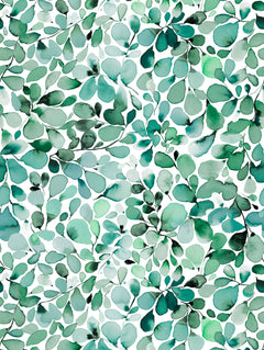 Detalle del mantel de hule Leaffy Eucalyptus Green: hojas de eucalipto en acuarela, en verde y turquesa sobre fondo blanco