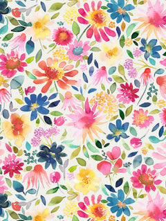 Detalle del mantel de hule Multicolor Flowers Zinnias Garden: flores en acuarela fucsia, azul y amarillo sobre fondo blanco