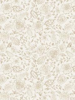 Detalle del mantel de hule Paisely: flores y motivos de cachemira en beige sobre fondo crema