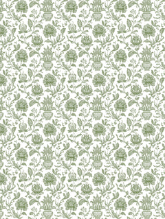 Detalle del mantel de hule Pottery Green: flores, enredaderas y maceteros en verde salvia sobre fondo blanco