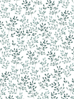 Detalle del mantel de hule Ramitas: ramas de hojas pequeñas en acuarela, en verde grisáceo sobre fondo blanco