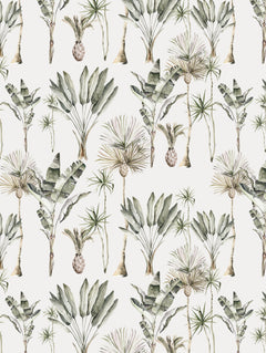 Detalle del mantel de hule Rosa Tropical: palmeras y hojas de plátano en verde salvia y beige sobre fondo blanco