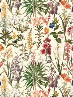 Detalle del mantel de hule Secret Garden VI: flores y plantas botánicas en rosado, naranjo y verde sobre fondo crema