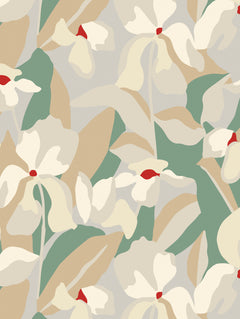 Detalle del mantel de hule Sopiva: flores grandes estilizadas en crema con centro rojo, entre hojas verde salvia y beige