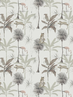 Detalle del mantel de hule Tahiti natural: palmeras, flamencos y leopardos en verde salvia y café sobre fondo gris claro