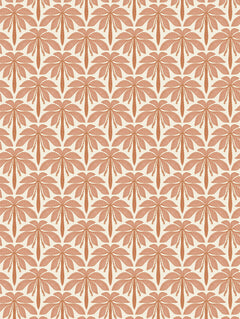 Detalle del mantel de hule Terracota Palms: palmeras estilizadas en dos tonos sobre fondo crema