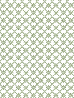 Detalle del mantel de hule Trellis: enrejado diagonal con pequeñas flores y hojas en verde salvia sobre fondo blanco