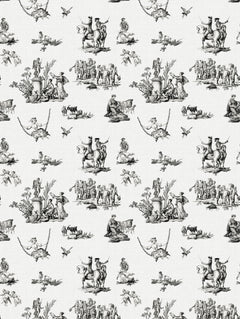 Detalle del mantel de hule Victorian Black: escenas estilo toile con personajes, jinetes y animales en negro sobre blanco