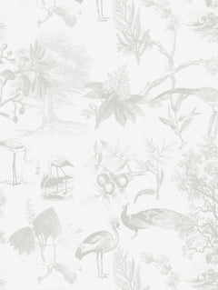Detalle del mantel de hule Vintage Nature Gray: árboles, pavos reales y flamencos estilo grabado en gris claro sobre blanco