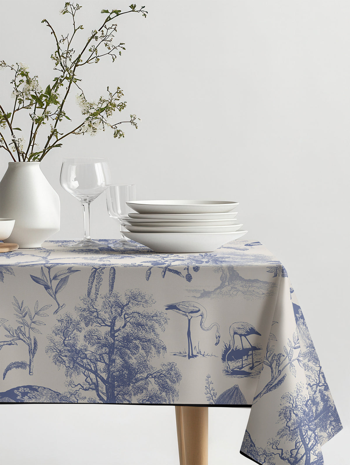Mantel de hule Vintage Nature Blue sobre una mesa
