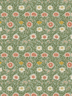 Detalle del mantel de hule Windsor: margaritas en coral, crema y mostaza entre follaje sobre fondo verde salvia