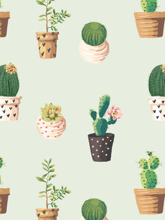 Detalle del mantel de hule Cactus Love 02: cactus y suculentas en maceteros con corazones y lunares sobre verde claro