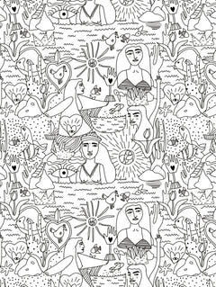 Detalle del mantel de hule Pattern Marino 011 2: dibujos de mujeres, peces, soles y corazones en negro sobre fondo blanco