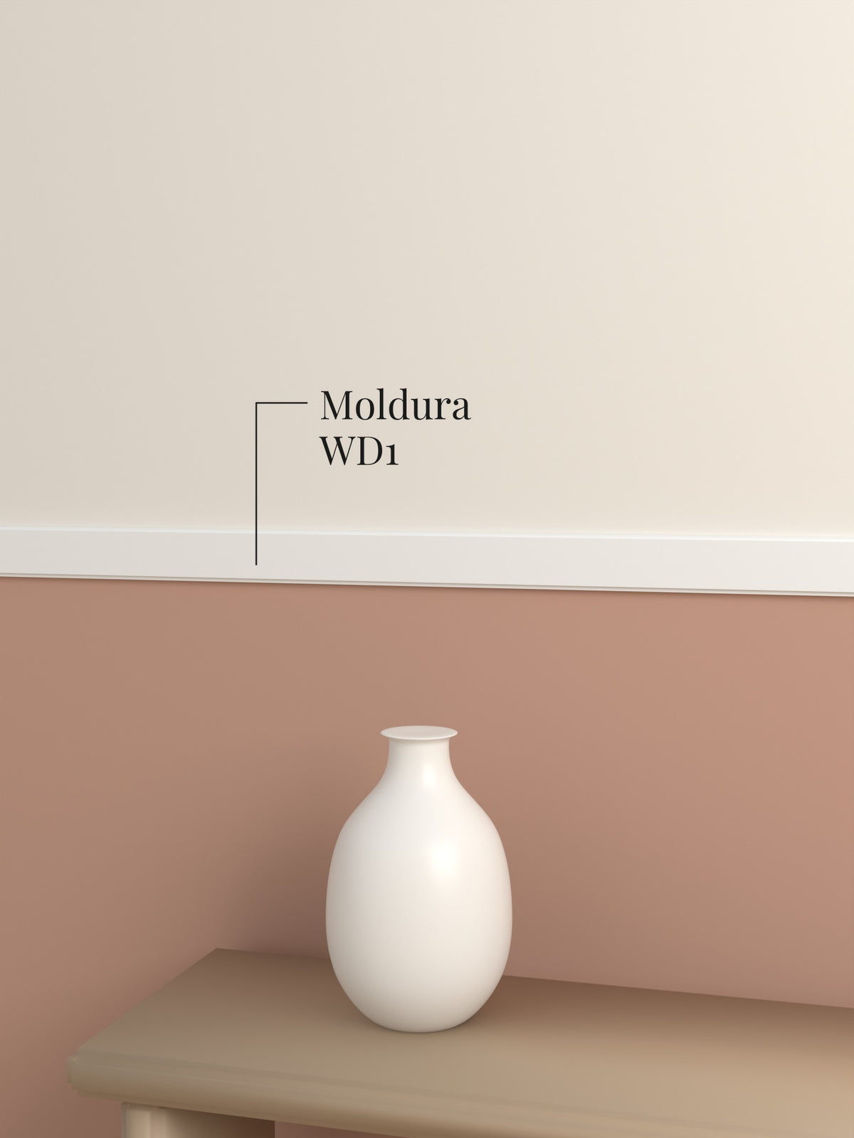 Moldura WD1 como guardasilla blanca entre un muro terracota y otro beige, sobre un banco con un florero
