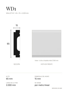 Plano de la moldura muro WD1: sección, vista de frente y tabla de medidas