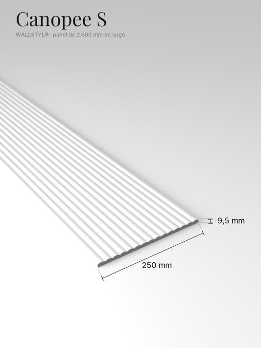 Panel Canopee S con sus medidas: 250 mm de ancho, 9,5 mm de espesor y 2.600 mm de largo