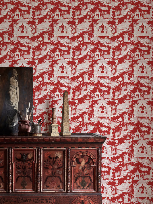 Papel mural Mulan Rojo en un ambiente decorado: chinoiserie de pagodas en blanco sobre rojo.