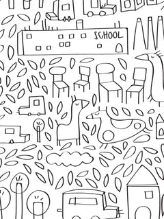 Detalle del mantel de hule Neighborhood: dibujos de casas, autos, sillas, árboles y animales en negro sobre fondo blanco