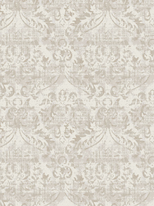 Papel mural Abstrait, detalle del diseño: medallones de damasco en beige y gris topo sobre crema.
