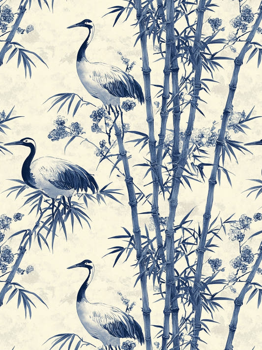Papel mural Bamboo, detalle del diseño: cañas de bambú y garzas en azul cobalto sobre marfil.