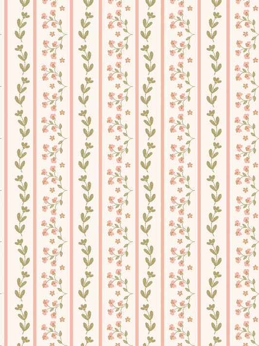 Papel mural Clara, detalle del diseño: rayas de ramitas con flores rosadas.