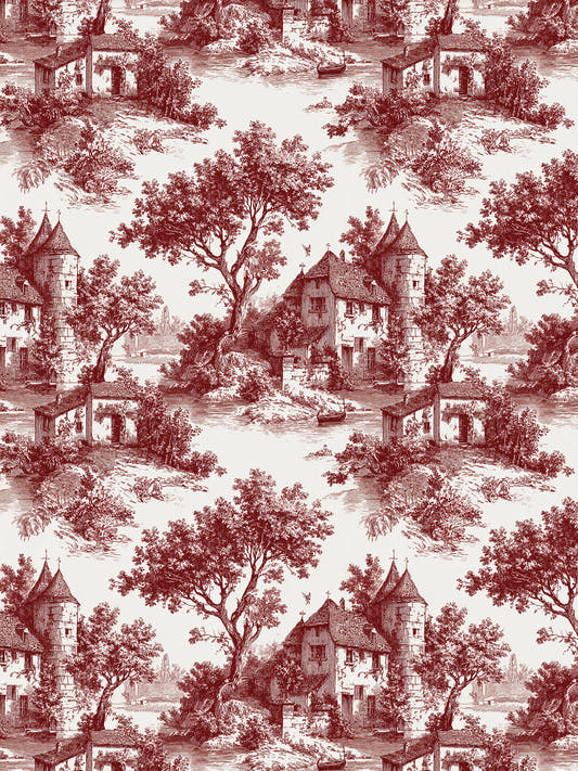 Papel mural Cottage, detalle del diseño: escenas campestres toile en rojo granate.