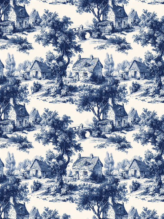 Papel mural Country House, detalle del diseño: toile de casas de campo en azul marino.