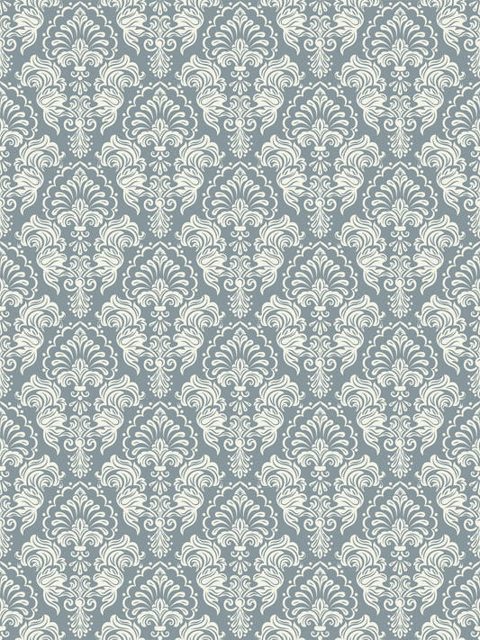 Papel mural Blue Damask, detalle del diseño: medallones ornamentales en crema sobre gris azulado.