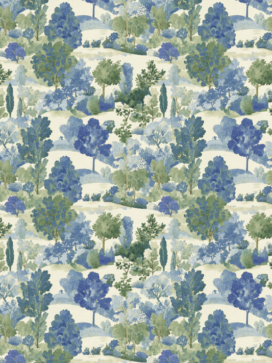 Papel mural Fields II, detalle del diseño: paisaje de árboles en azul y verde suave.