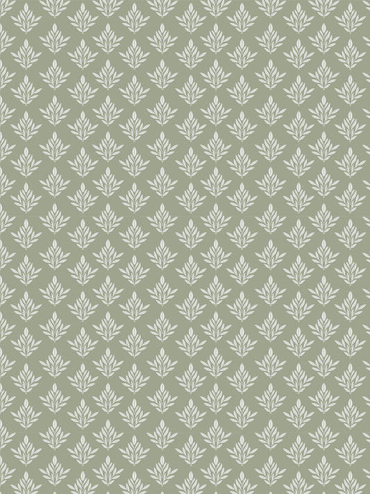 Papel mural Filippa, detalle del diseño: motivo floral blanco sobre verde salvia.