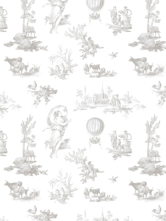 Papel mural French Farm Gray, detalle del diseño: toile de granja en gris claro sobre blanco.