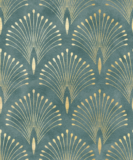 Papel mural Gat I, detalle del diseño: palmetas en abanico doradas sobre verde azulado oscuro.